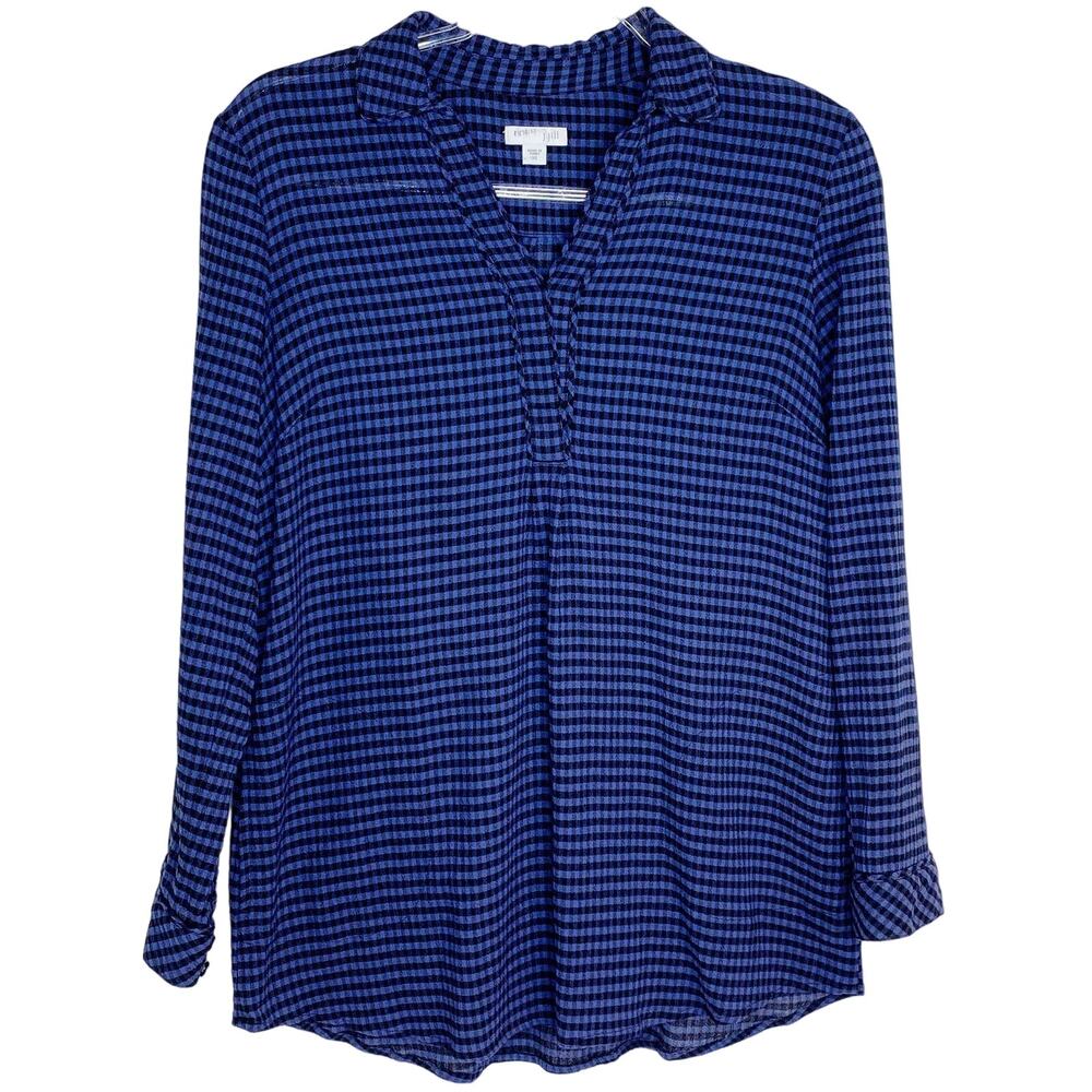 J Jill‎ Womens Size XS Checked Blouse Blue Black Pullover Pockets Huntercore